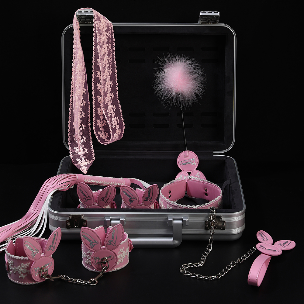 Pink Bunny 7pcs BDSM Bondage Restraint Sex Toys - 7pcs Leather Ankle Handcuffs Whip Restraint Accessories Adult Sex Games Male and Female Couple Foreplay | Pink