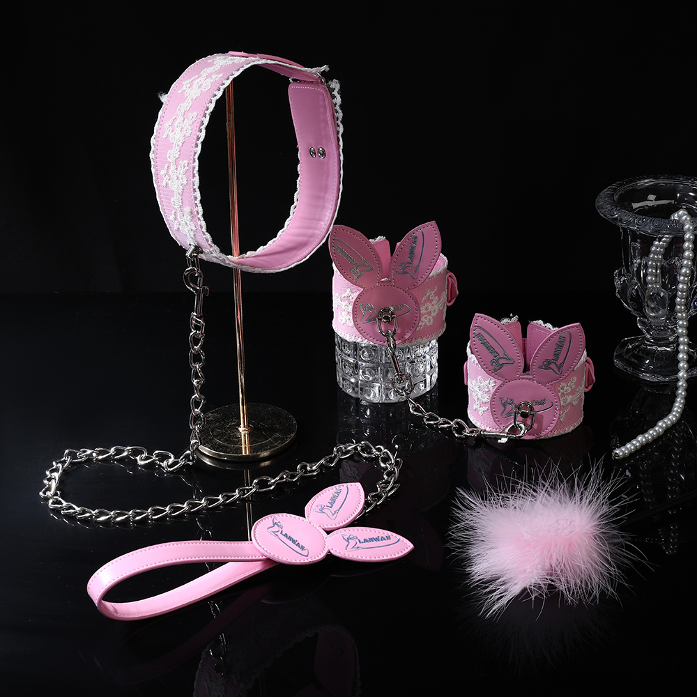 Pink Bunny 7pcs BDSM Bondage Restraint Sex Toys - 7pcs Leather Ankle Handcuffs Whip Restraint Accessories Adult Sex Games Male and Female Couple Foreplay | Pink