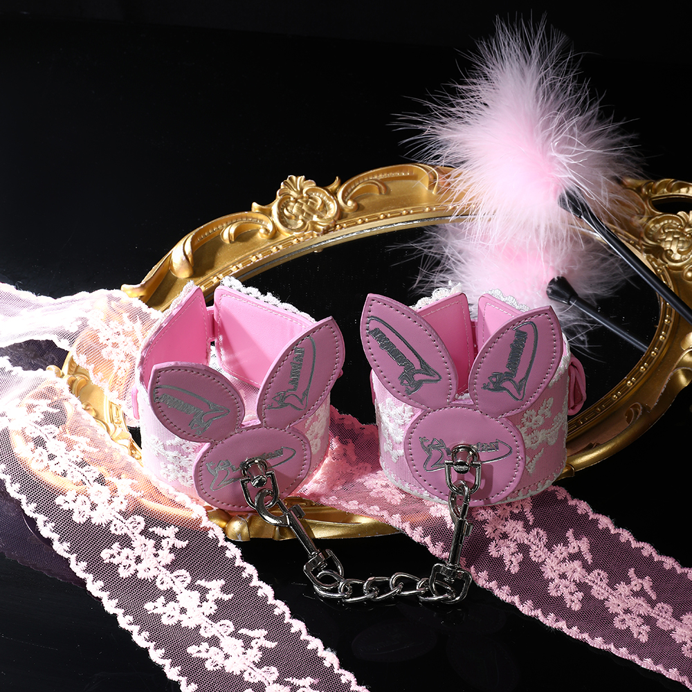 Pink Bunny 7pcs BDSM Bondage Restraint Sex Toys - 7pcs Leather Ankle Handcuffs Whip Restraint Accessories Adult Sex Games Male and Female Couple Foreplay | Pink