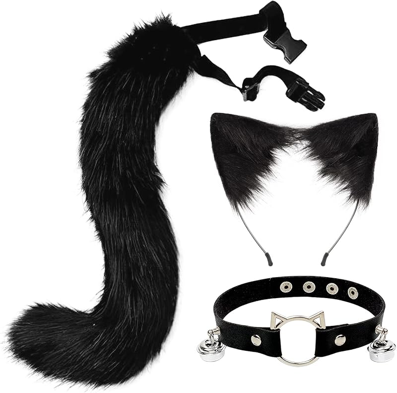 Cat Ears and Wolf Fox Animal Tail Cosplay Costume Faux Fur Hair Clip Headdress Halloween Leather Neck Chocker Set