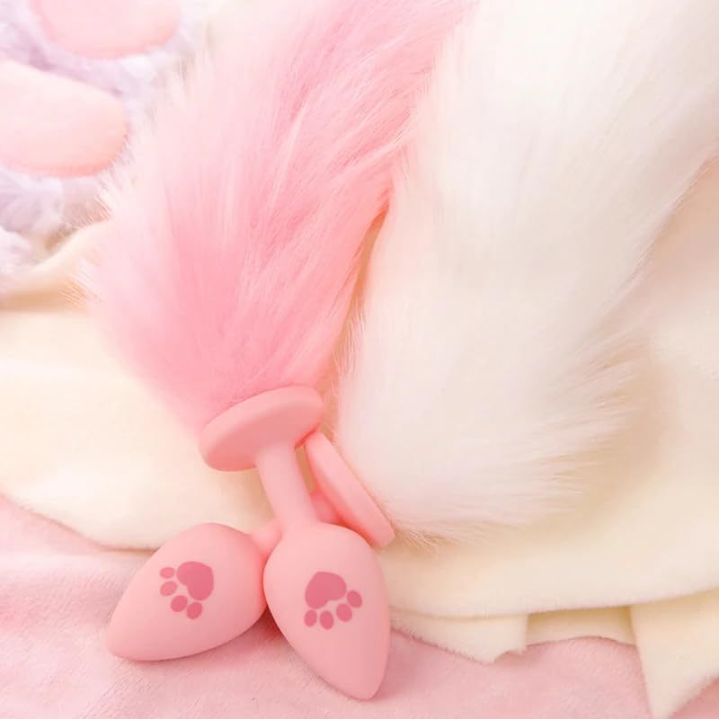 Anal Plug Fox Tail, 16 inch Pink Fluffy Tail Cat Claw Butt Plug Silicone Anal Sex Toy Cute Sexy Cosplay Erotic Role Play Game Anus Toy for Adults Female Women Men Couples