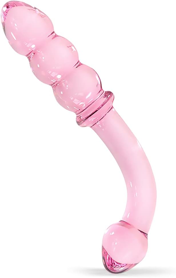 Glass Dildo, Crystal Bent Pleasure Wand Double Ended Butt Plug Anal Beads for Unisex G-spot Stimulation