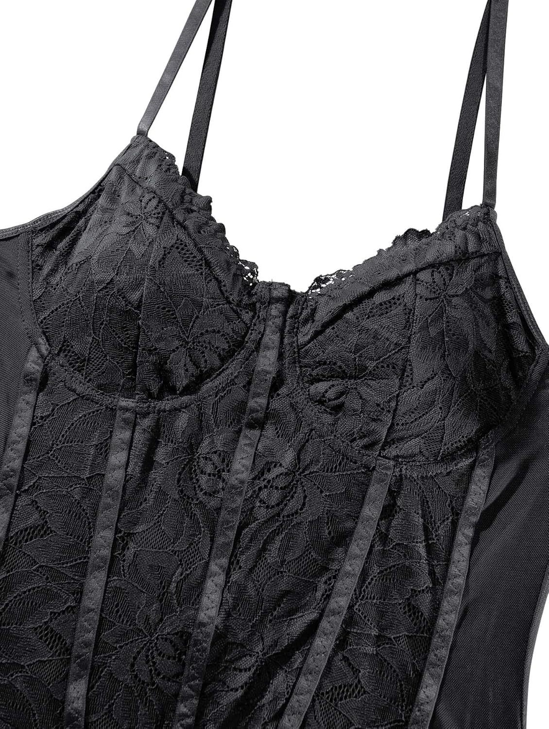 Lilosy Sexy Mesh Sheer Floral Lace Corset Lingerie Bodysuit Bustier Cami Top