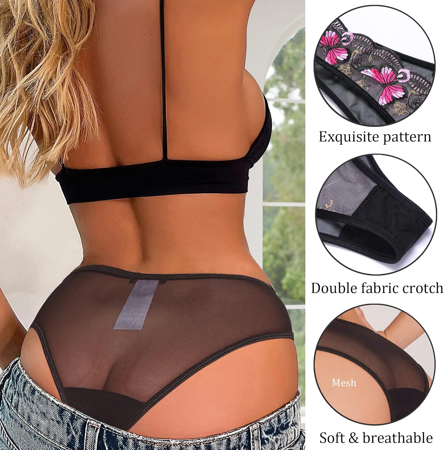 Women's Sexy Butterfly Embroidered Mesh Panty Set