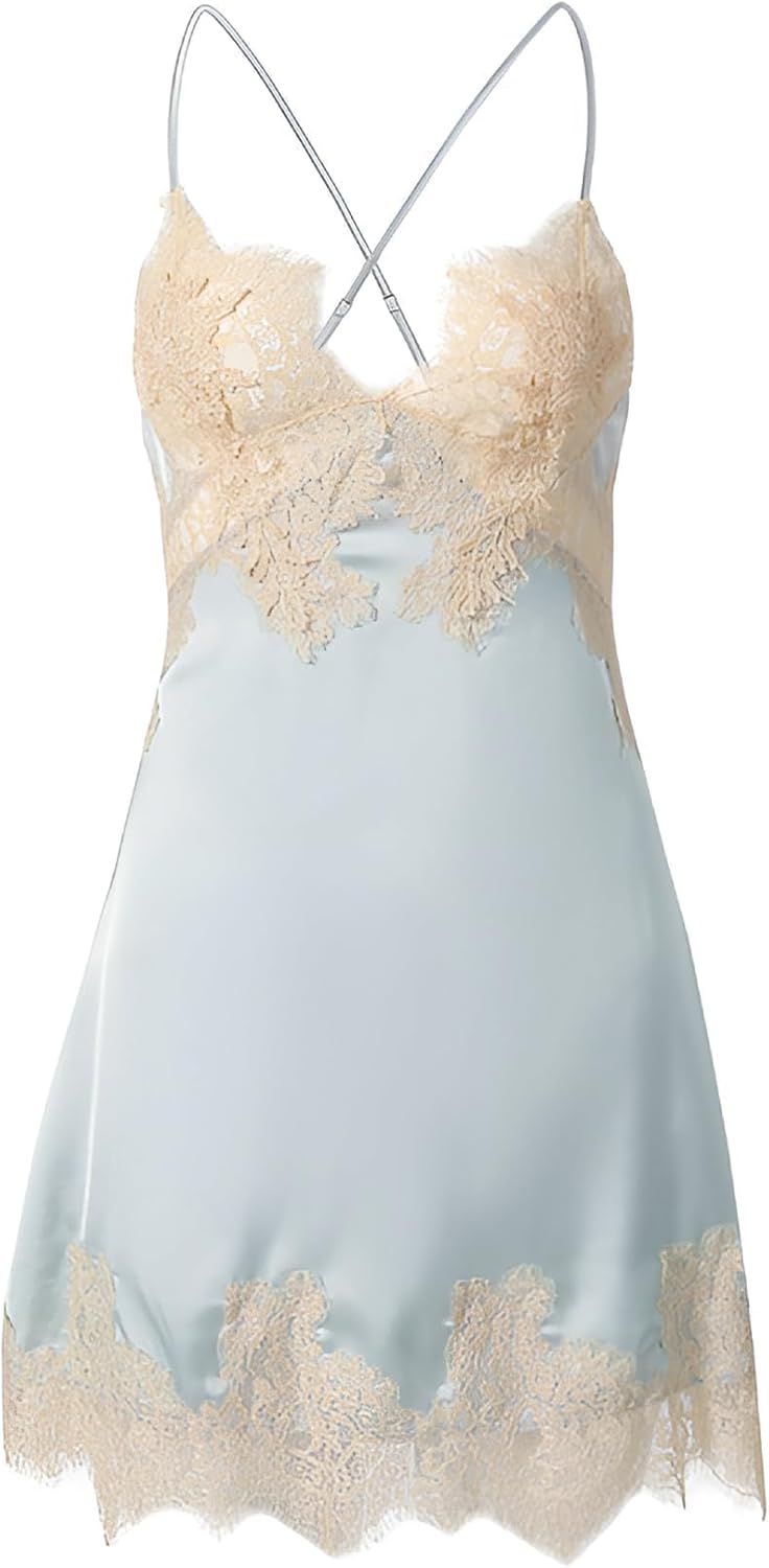 Lilosy sexy silk lace up backless satin applique floral lace babydoll lingerie dress with Tong 2 piece