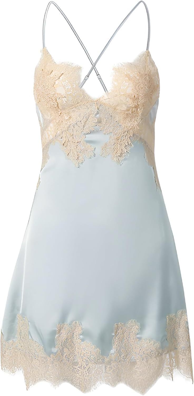 Lilosy sexy silk lace up backless satin applique floral lace babydoll lingerie dress with Tong 2 piece