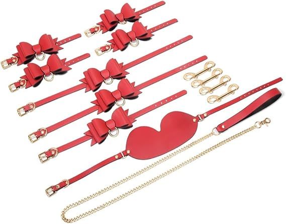 9 Pcs Red Premium Leather BDSM Bondage Set with Bow Tie Accents, Handcuffs, Ankle Cuffs, Thigh Cuffs, Eye Mask, Choker, Leash