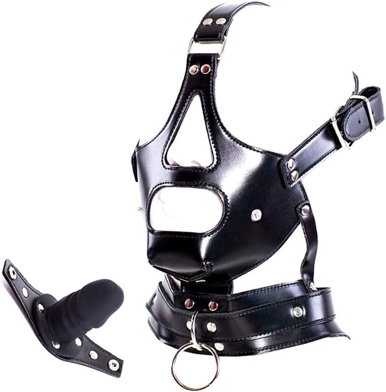 Leather Bondage Straps Removable Silicone Dildo Mouth Gag Adjustable Headband BDSM Fetish Slave Bondage Device for Men and Women Couple Sex
