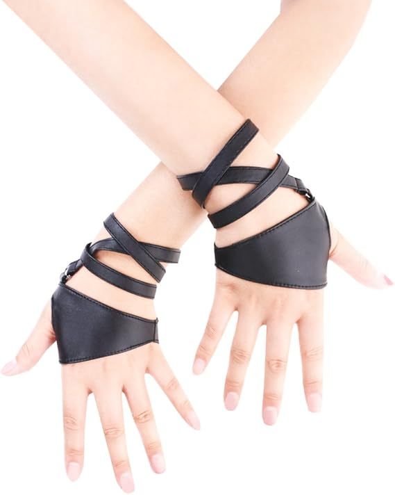 Women Half Palm Fingerless PU Leather Night Bar Band Up Punk Gloves