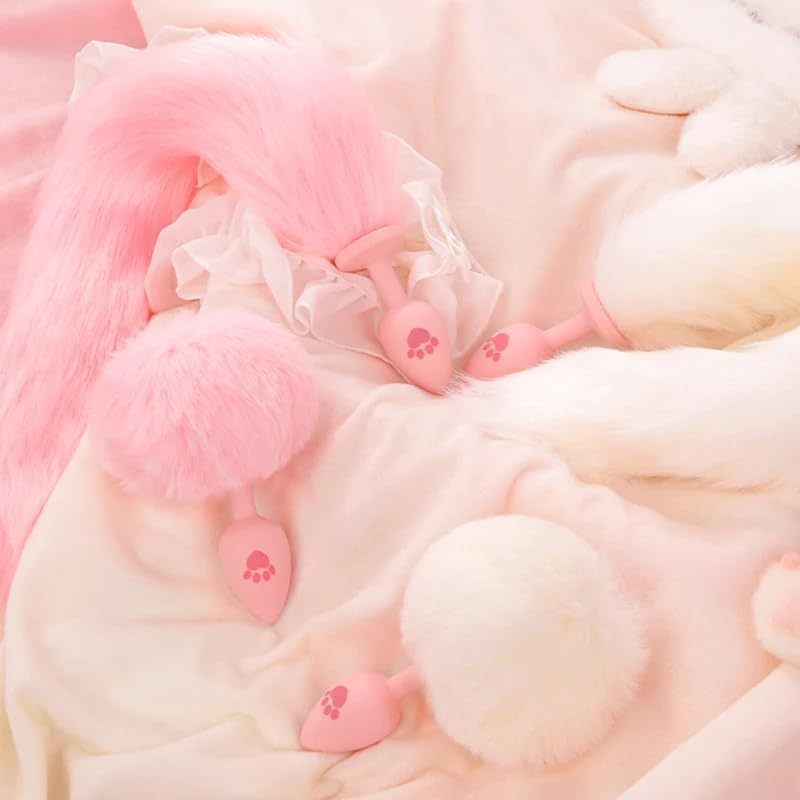 Anal Plug Fox Tail, 16 inch Pink Fluffy Tail Cat Claw Butt Plug Silicone Anal Sex Toy Cute Sexy Cosplay Erotic Role Play Game Anus Toy for Adults Female Women Men Couples