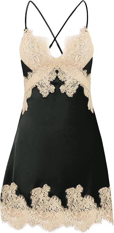 Lilosy sexy silk lace up backless satin applique floral lace babydoll lingerie dress with Tong 2 piece