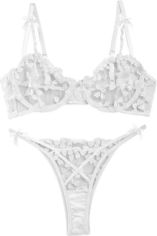 Underwire Push-Up Suspender Embroidered Mesh Transparent Bra Set