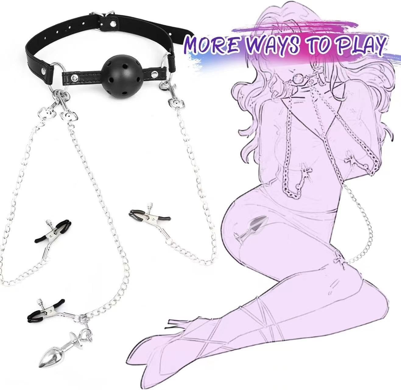 BDSM Bondage Restraint Kit with Breathable Ball Gag, Nipple & Clit Clamps, Stainless Steel Anal Plug – Adjustable PU Leather Chastity Harness for Sensory Play, Roleplay, and Submissive Training