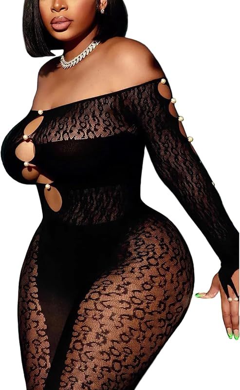 Women Lingeries Long Sleeve Fishnet Body Stocking Leopard Sexy Outfit Rhinestone Body Suits Cut Out Jumpsuit
