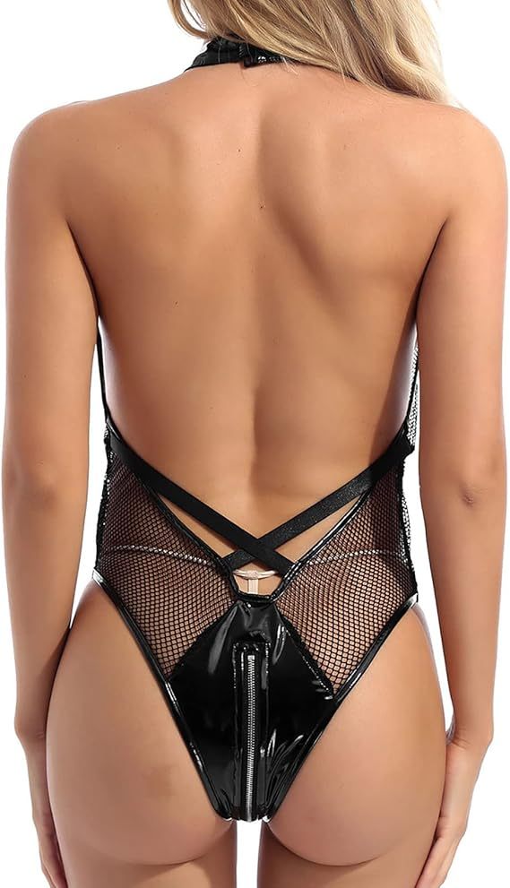 Sexy Lingerie for Women Naughty for Sex Play One Piece Wet Look Leather Zipper Lingerie Cosplay Teddy Babydoll Bodysuit