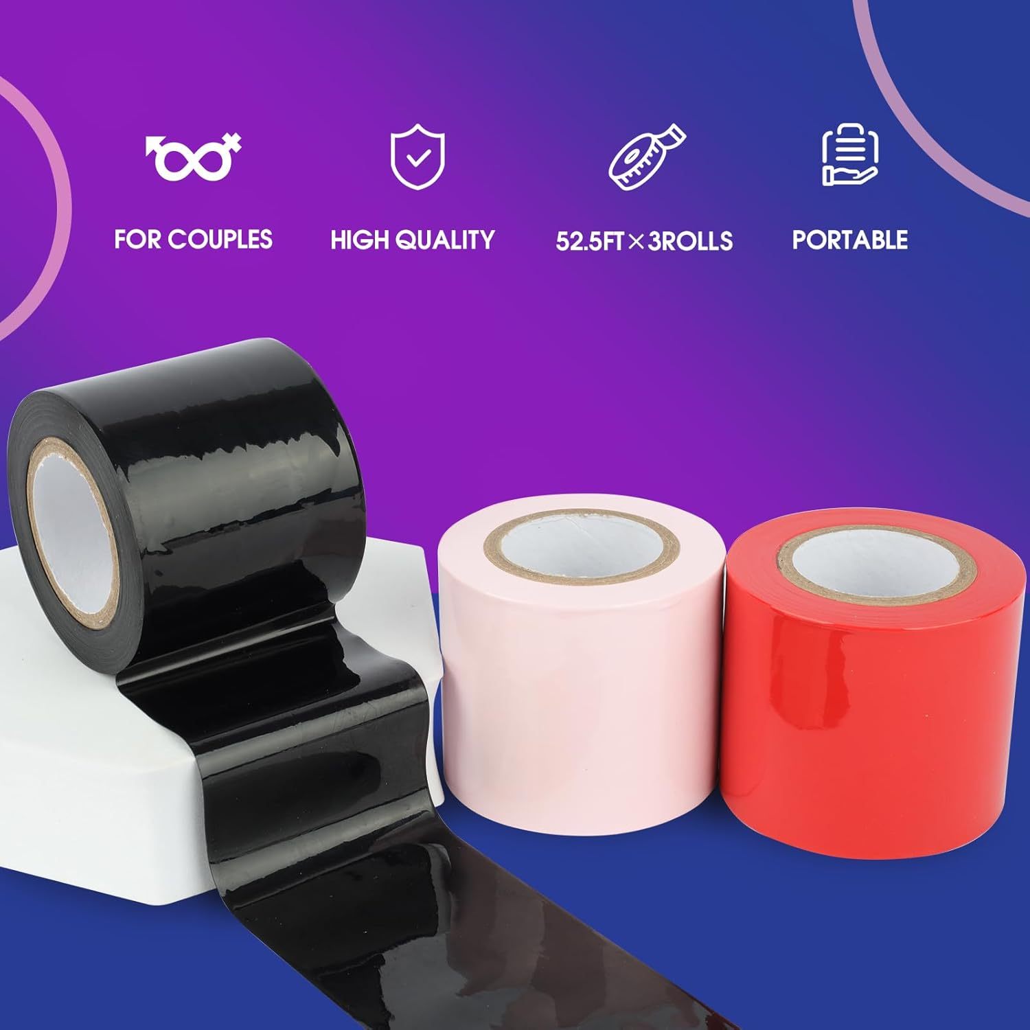 BDSM Bondage Restraint Tape Set – 3 Rolls of Static Tape with Blindfold for BDSM Games Adult Sex Toys Bondage Tape Reusable Bondage PVC Couple Sex Toys