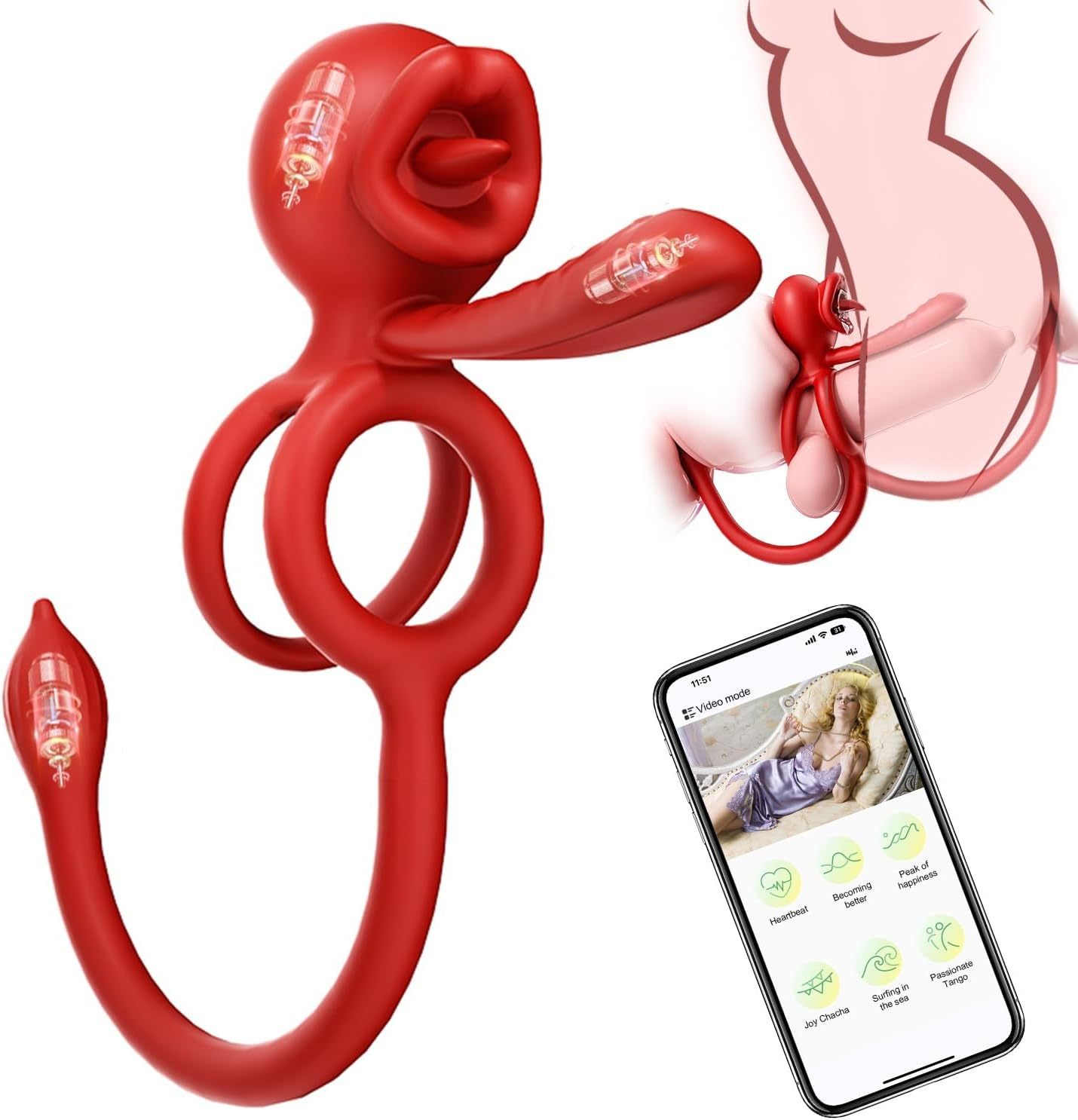 Vibrating Ring Couple Sex Toy, 3 in 1 Dual Ring Vibrator 9 Modes for Clitoris Stimulation with Tongue Licking, Erection Adult Sex Toys for Men Bluetooth APP Control