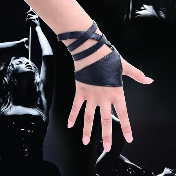 Women Half Palm Fingerless PU Leather Night Bar Band Up Punk Gloves