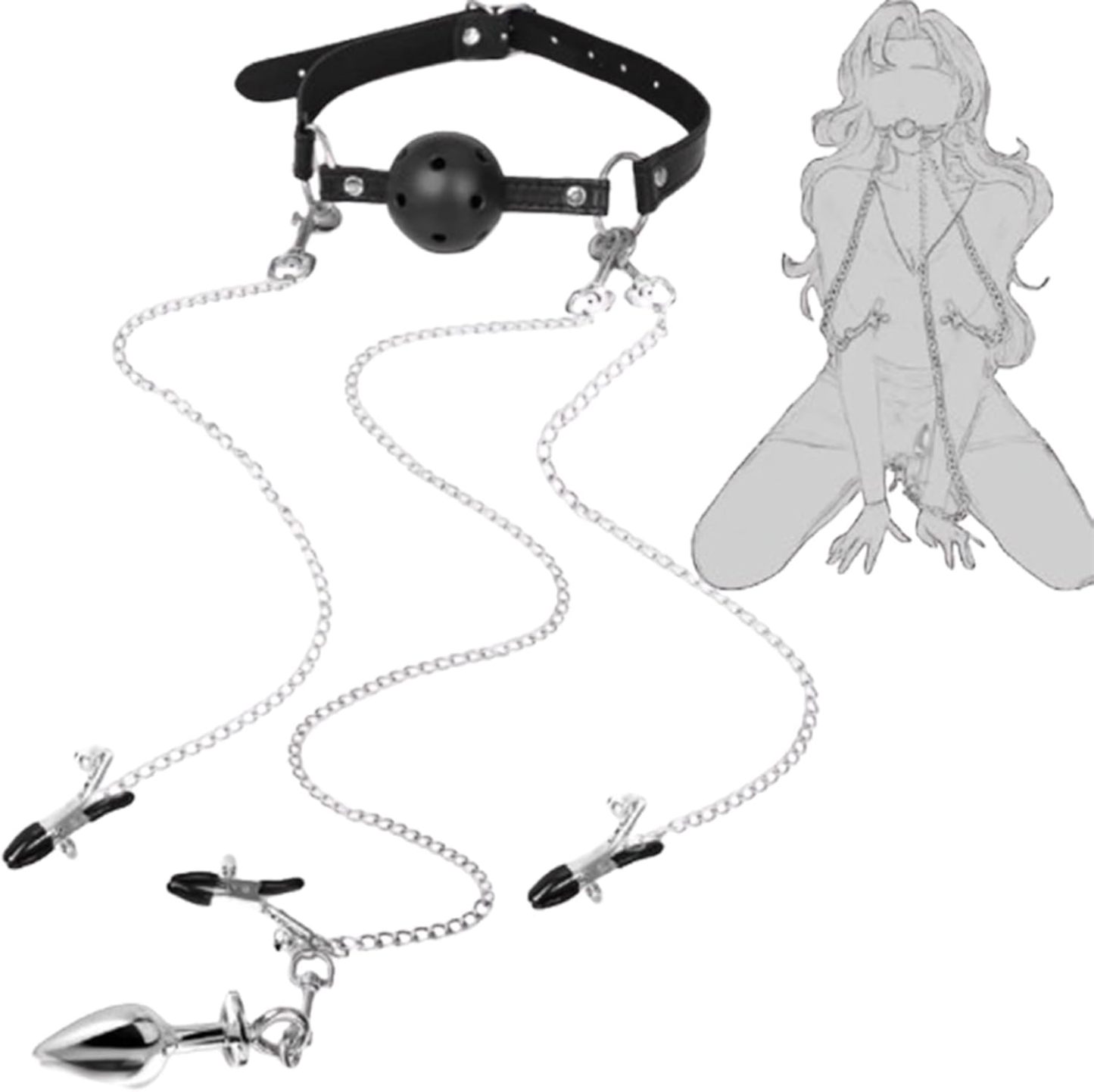 BDSM Bondage Restraint Kit with Breathable Ball Gag, Nipple & Clit Clamps, Stainless Steel Anal Plug – Adjustable PU Leather Chastity Harness for Sensory Play, Roleplay, and Submissive Training