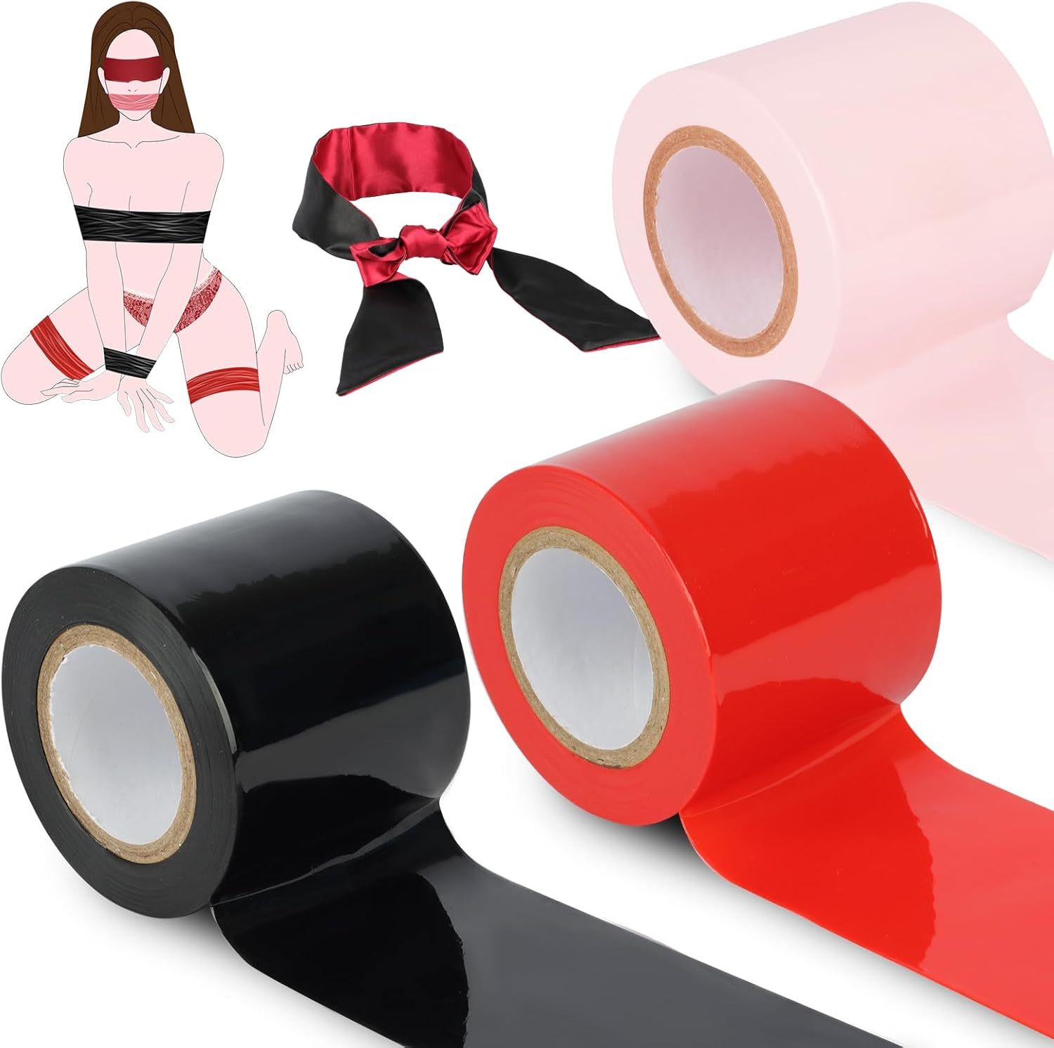 BDSM Bondage Restraint Tape Set – 3 Rolls of Static Tape with Blindfold for BDSM Games Adult Sex Toys Bondage Tape Reusable Bondage PVC Couple Sex Toys