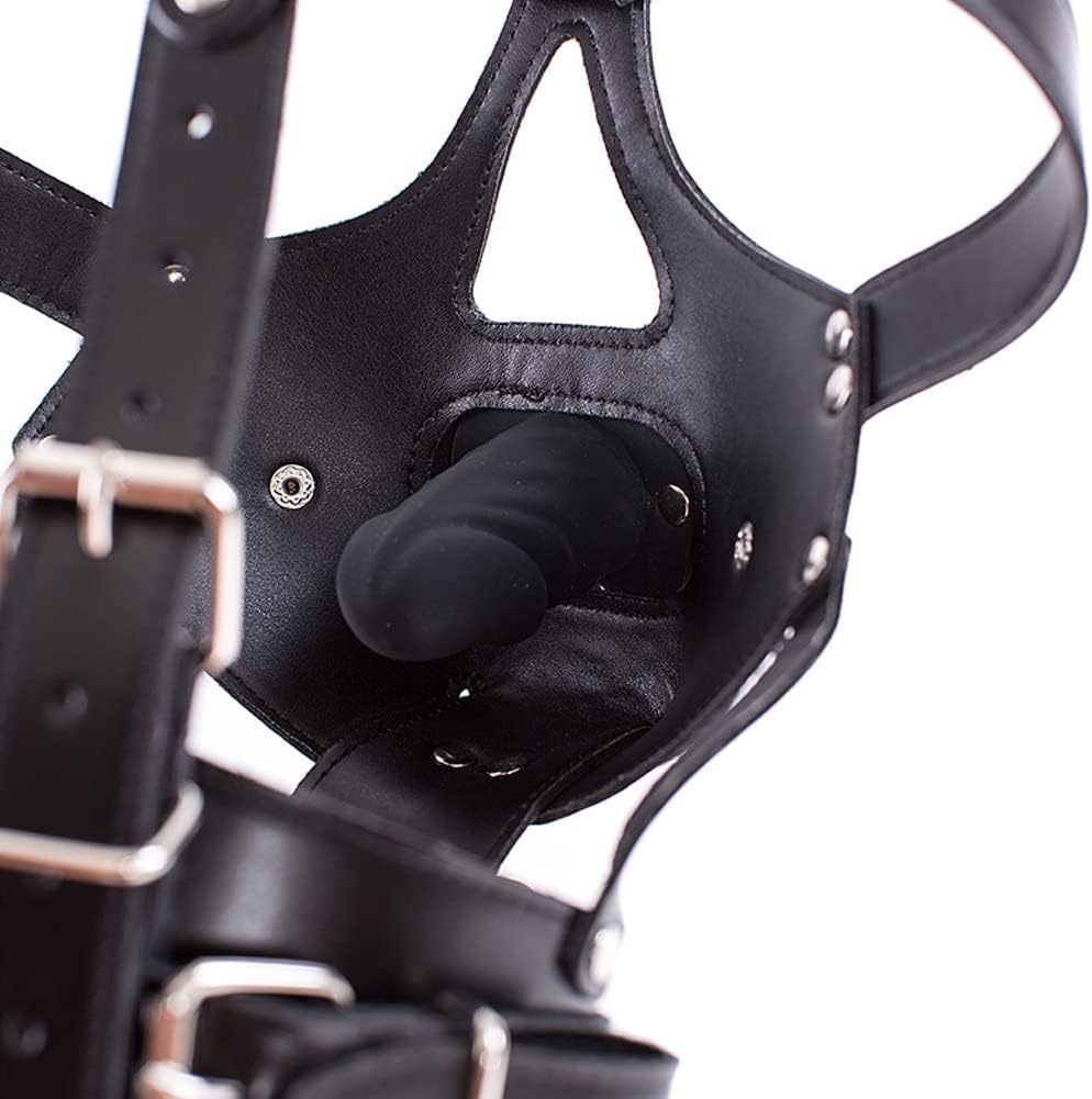 Leather Bondage Straps Removable Silicone Dildo Mouth Gag Adjustable Headband BDSM Fetish Slave Bondage Device for Men and Women Couple Sex