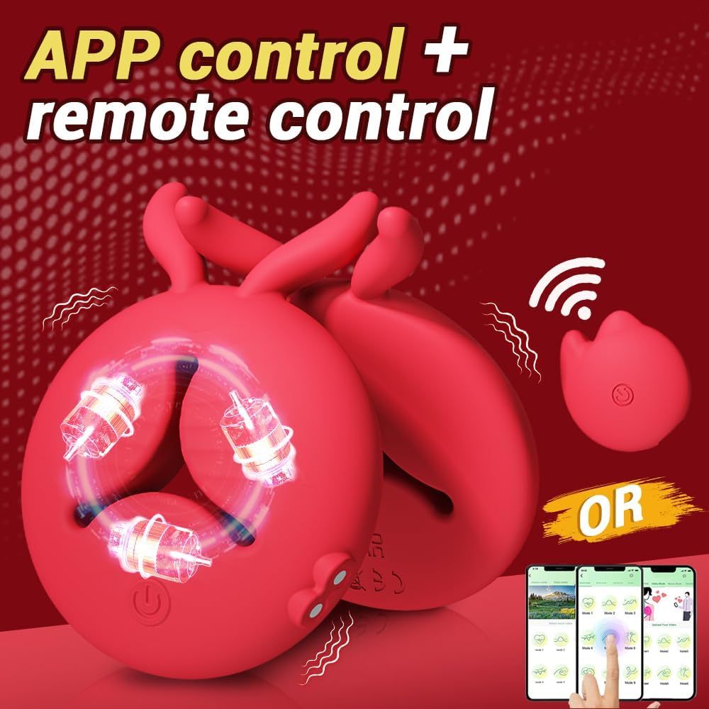 Vibrator Sex Toys, 4 in 1 APP Remote Control Adult Toys BDSM Toys 1 Pair Female Vibrating Dildo with 10 Tongue Licking Vibrating Nipple Clamp Stimulator Sexual Pleasure Tool