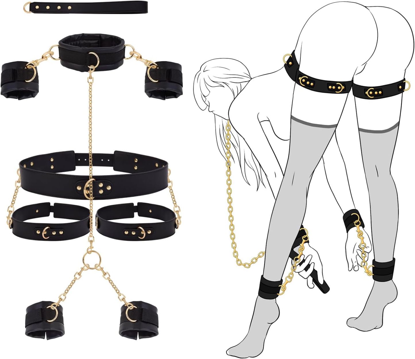 Sex Bondage BDSM Kit Restraints - UTIMI Adult Sex Toys for Couples Neck to Wrist SM Gear & Accessories Game 7PCS Sets with Adjustable Handcuffs Ankle Thigh Cuff Cross Waist Strap Traction Chain Collar