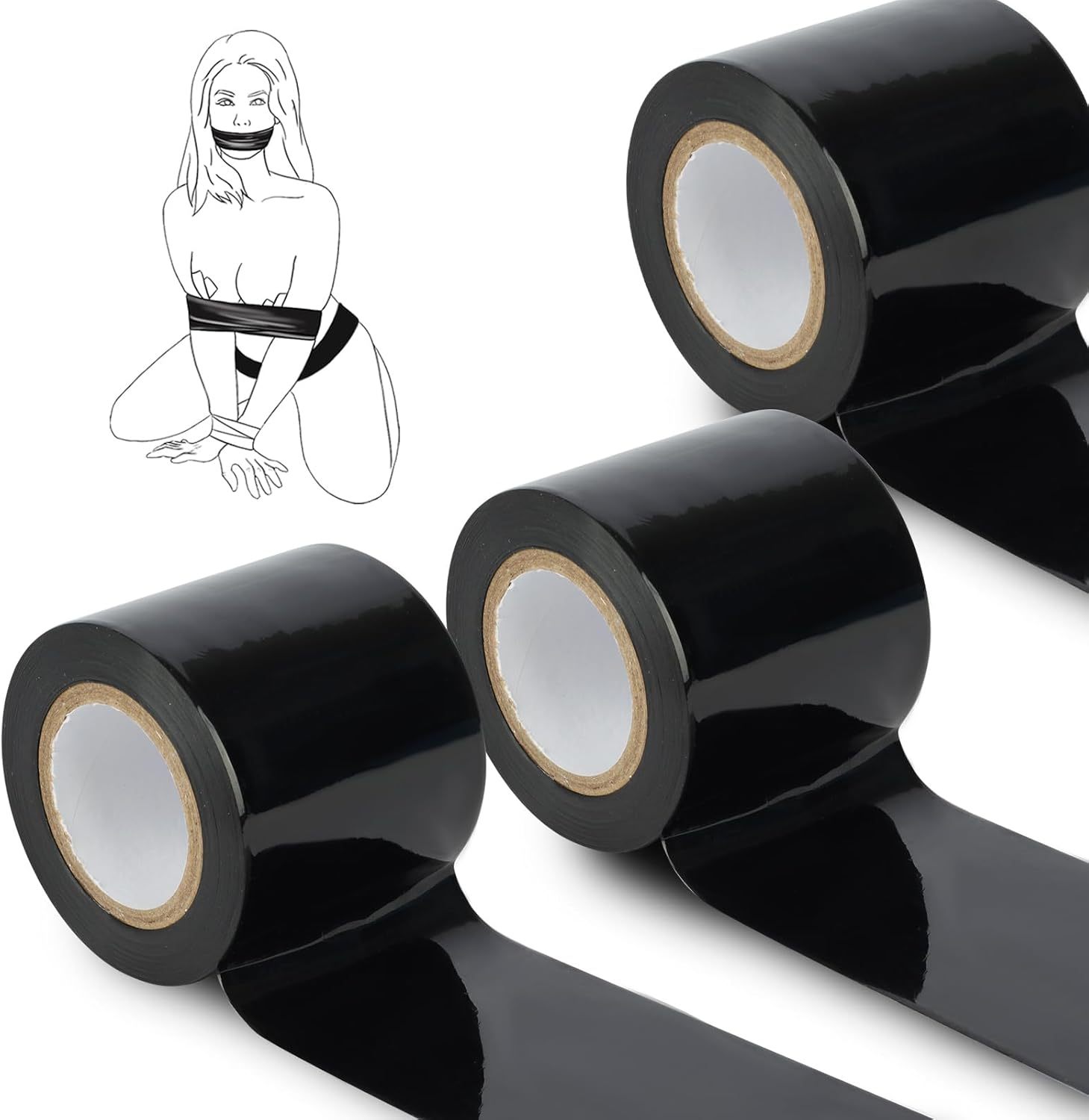 BDSM Bondage Restraint Tape Set – 3 Rolls of Static Tape with Blindfol