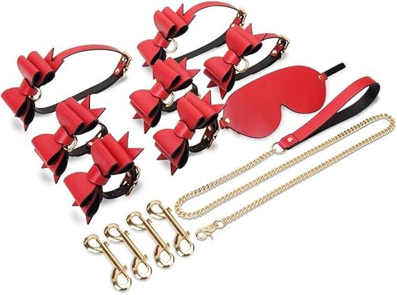 9 Pcs Red Premium Leather BDSM Bondage Set with Bow Tie Accents, Handcuffs, Ankle Cuffs, Thigh Cuffs, Eye Mask, Choker, Leash