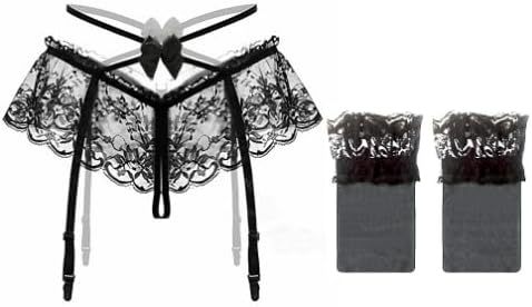 Women 4-Strap Easy Clip Lace Garter Belt Cross Belt with Bows Open Gear Panty Sexy Floral Lace Garter Belt Thigh Stockings