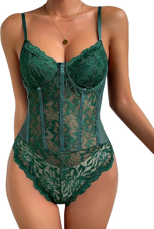 Lilosy Sexy Mesh Sheer Floral Lace Corset Lingerie Bodysuit Bustier Cami Top