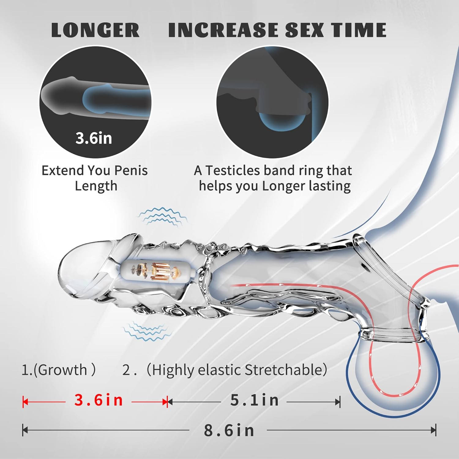 Reusable Penis Sleeve with Vibrator Penis Ring,3.6 inch Clear Penis Sleeve Cock Ring Extender Ultra-Soft Penis Enlarger for Couples Vibrating Dildo for Cock Enlarger Sex Toys for Men(Size: 8.6 Inch overall length 3.6 Inch lengthening)
