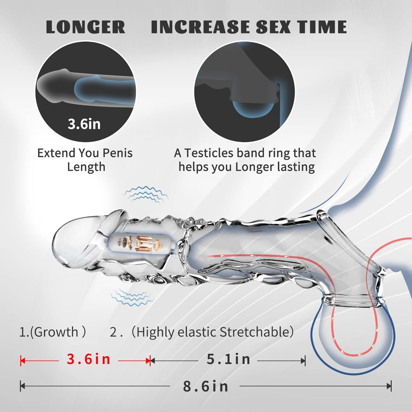 Reusable Penis Sleeve with Vibrator Penis Ring,3.6 inch Clear Penis Sleeve Cock Ring Extender Ultra-Soft Penis Enlarger for Couples Vibrating Dildo for Cock Enlarger Sex Toys for Men(Size: 8.6 Inch overall length 3.6 Inch lengthening)