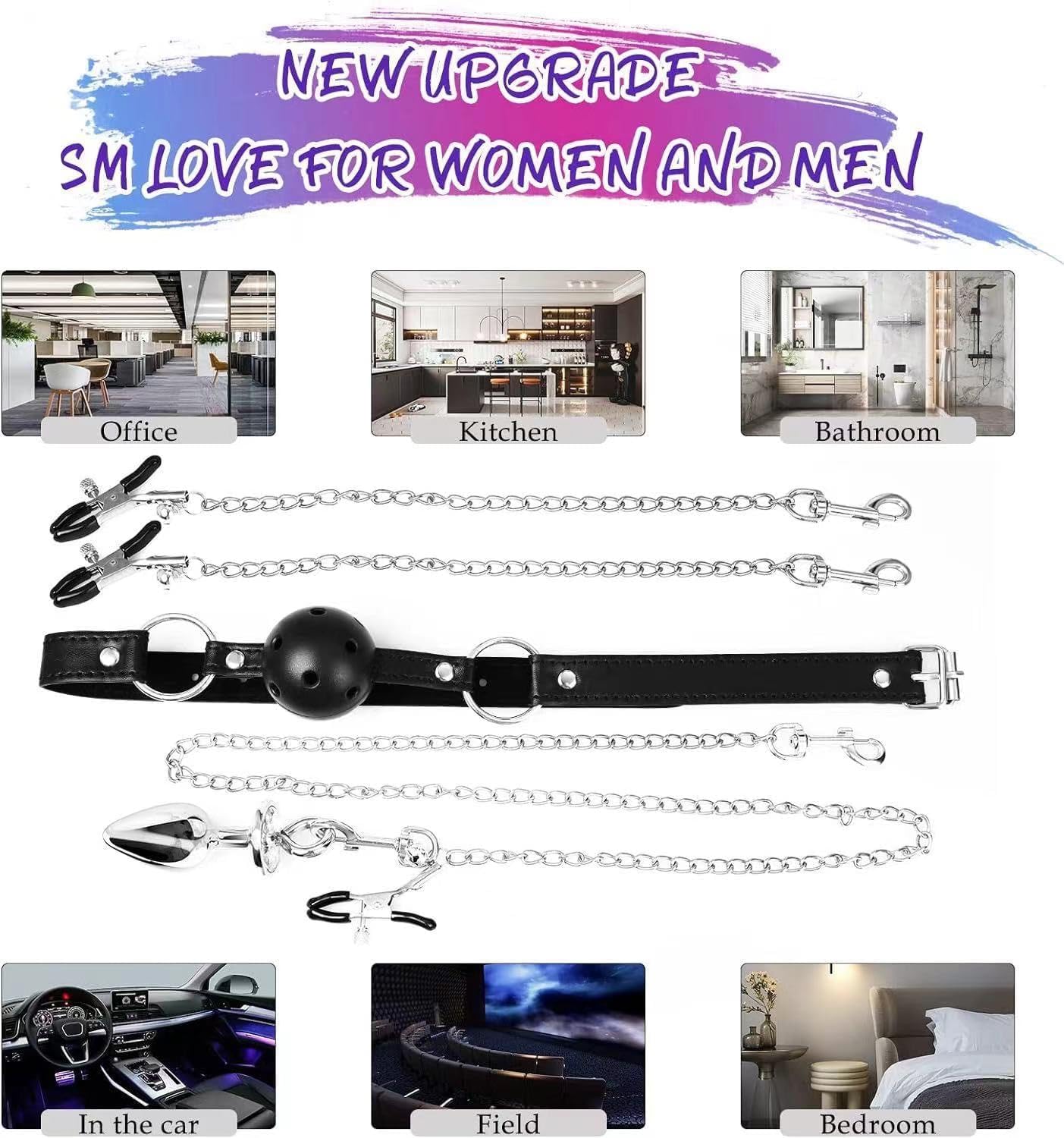 BDSM Bondage Restraint Kit with Breathable Ball Gag, Nipple & Clit Clamps, Stainless Steel Anal Plug – Adjustable PU Leather Chastity Harness for Sensory Play, Roleplay, and Submissive Training