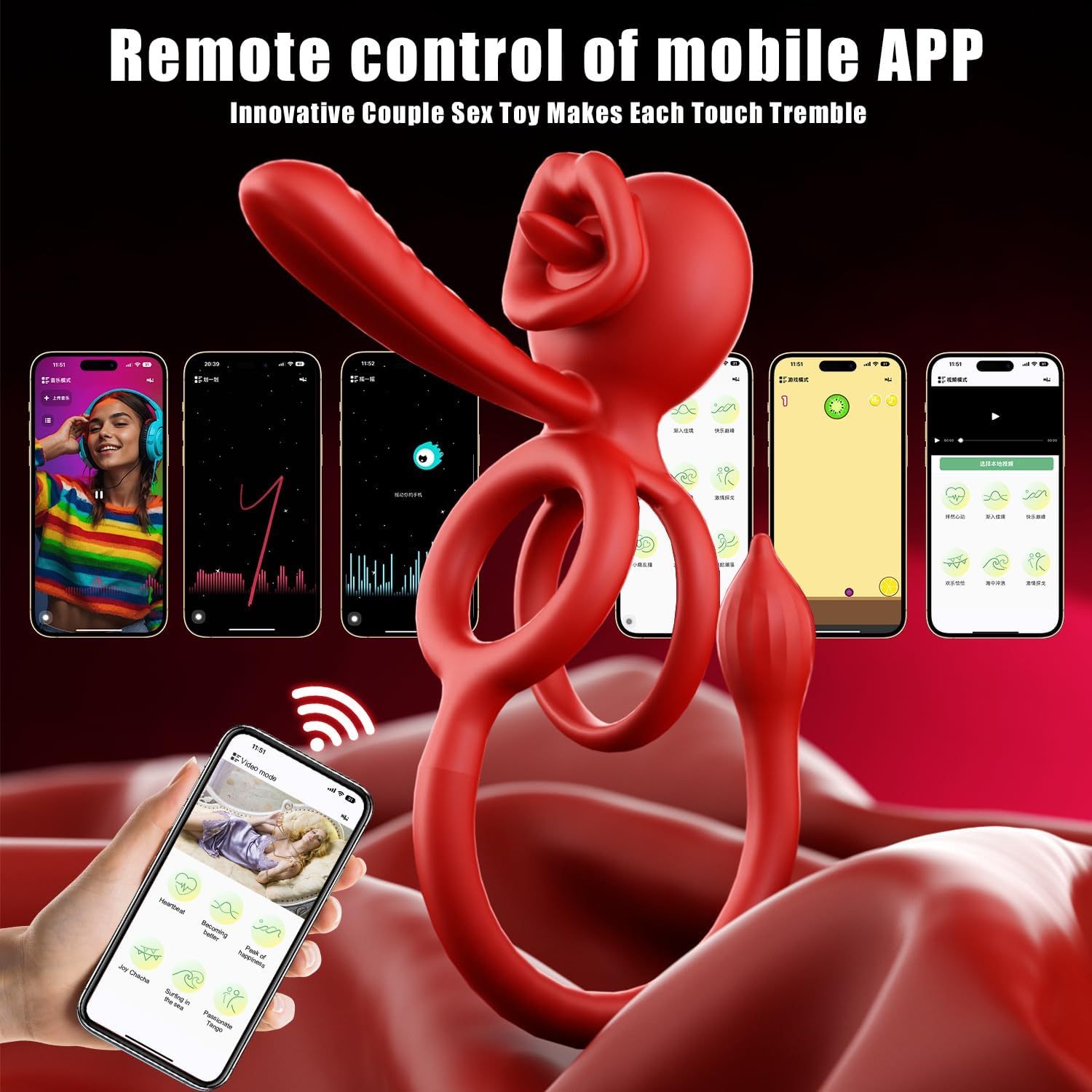 Vibrating Ring Couple Sex Toy, 3 in 1 Dual Ring Vibrator 9 Modes for Clitoris Stimulation with Tongue Licking, Erection Adult Sex Toys for Men Bluetooth APP Control