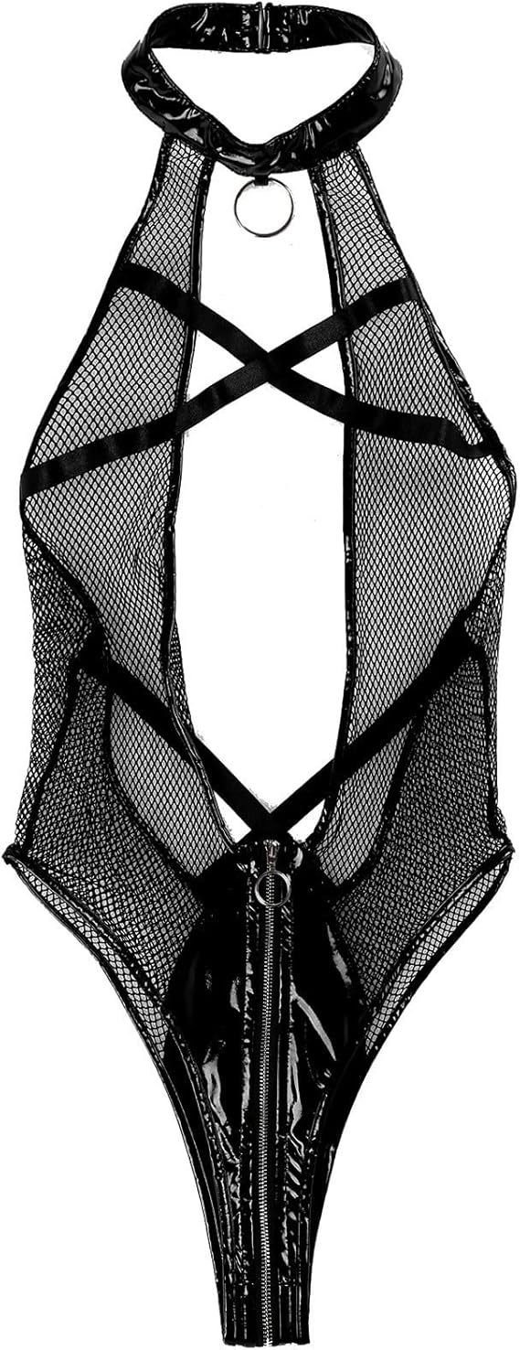 Sexy Lingerie for Women Naughty for Sex Play One Piece Wet Look Leather Zipper Lingerie Cosplay Teddy Babydoll Bodysuit