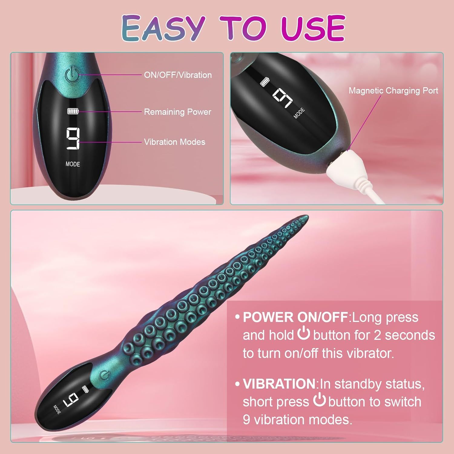 18cm Thrusting Dildo Vibrator Sex Toys - Monster Dildo Vibrator with Octopus Texture & 9 Vibration Modes & LED Display, BDSM Sex Machine for G Spot & Vagina & Anal Stimulation, Silicone Adult Toys, Prostate Massager Butt Plug, Quiet & Portable & Waterproo
