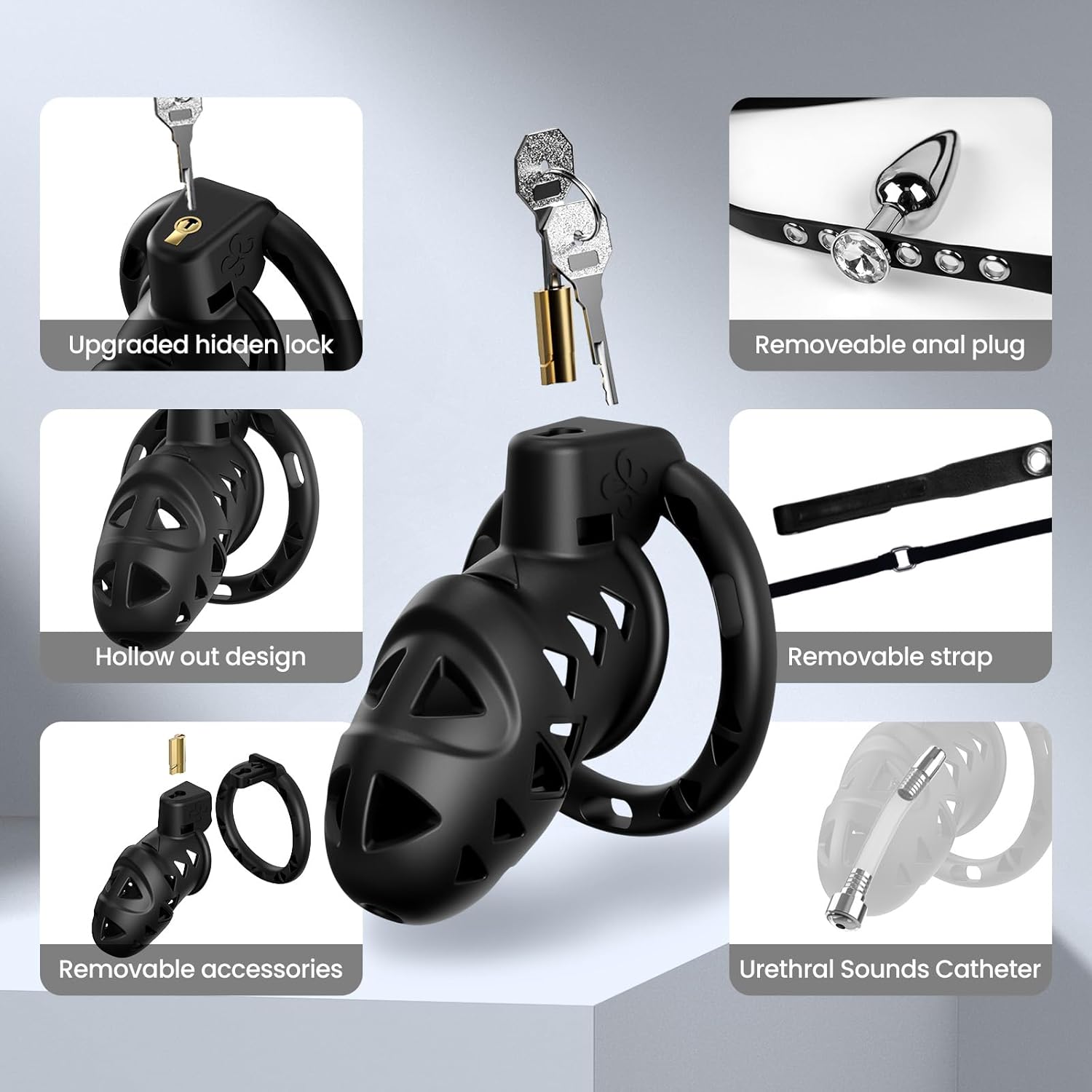 Male Chastity Cock Cage with Anal Butt Plugs, FEELKIDA Adjustable Strap on Harness Chastity Belts Devices with 3 Sizes Rings, Penis Cage Adult Sex Toys with BDSM Bondage Gear Accessories