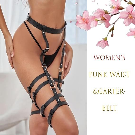 PU Leather Black Lower Body Bondage Restraits wih Special Thigh Girdle for Women Bdsm Straps, Adjustable Buckle Performance Bondage Clothes, Cosplay Clothing SM
