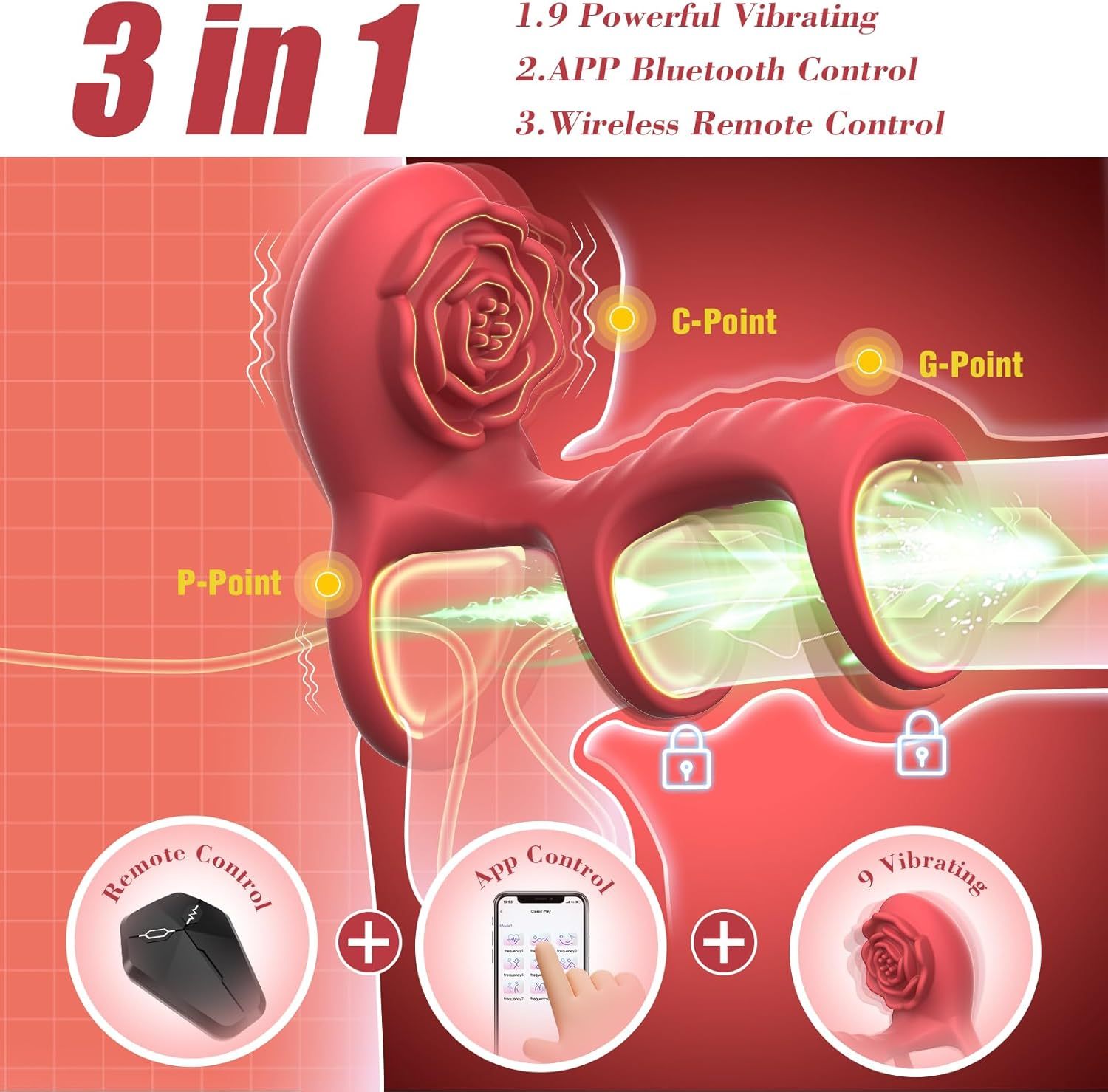 Vibrating Cock Ring Rose Adult Sex Toys with Clitoral G Spot Stimulation, Pleasure Penis Ring Vibrator Couple Sex Toys for Men Women Erection, Remote Control 9 Vibrations Female Male