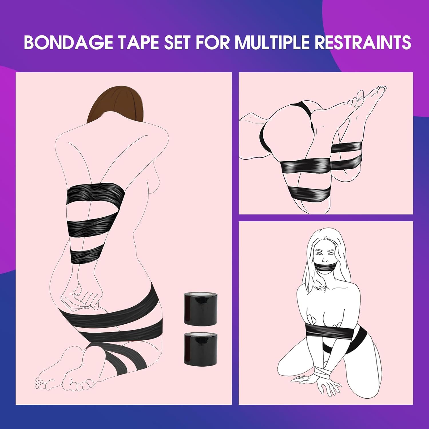 BDSM Bondage Restraint Tape Set – 3 Rolls of Static Tape with Blindfold for BDSM Games Adult Sex Toys Bondage Tape Reusable Bondage PVC Couple Sex Toys