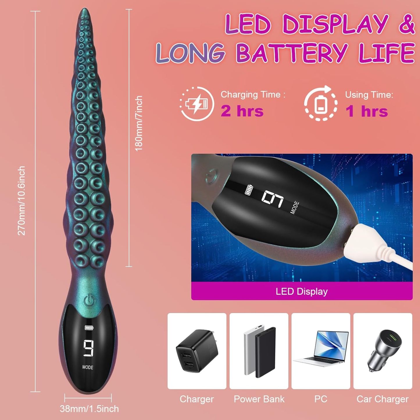 18cm Thrusting Dildo Vibrator Sex Toys - Monster Dildo Vibrator with Octopus Texture & 9 Vibration Modes & LED Display, BDSM Sex Machine for G Spot & Vagina & Anal Stimulation, Silicone Adult Toys, Prostate Massager Butt Plug, Quiet & Portable & Waterproo