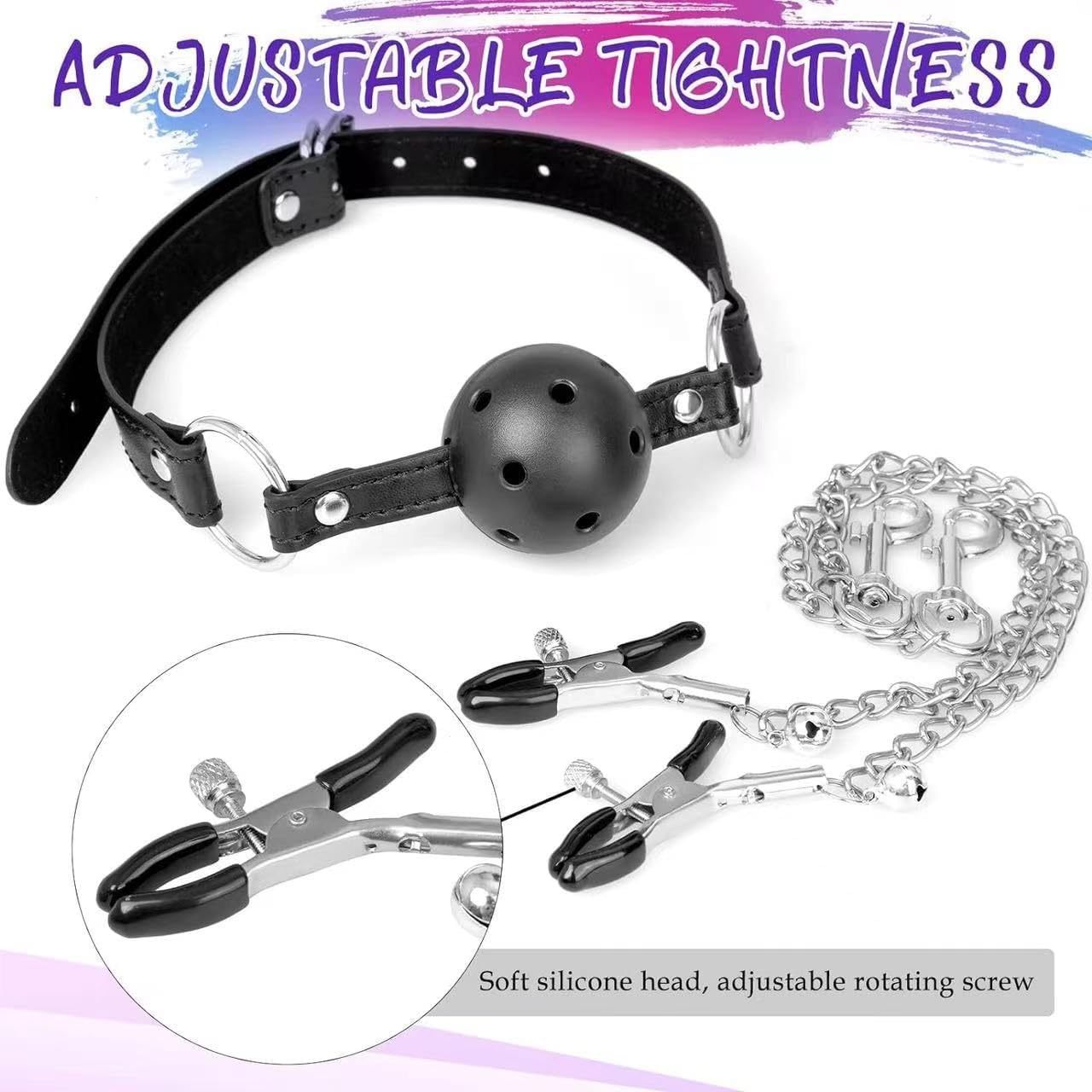 BDSM Bondage Restraint Kit with Breathable Ball Gag, Nipple & Clit Clamps, Stainless Steel Anal Plug – Adjustable PU Leather Chastity Harness for Sensory Play, Roleplay, and Submissive Training