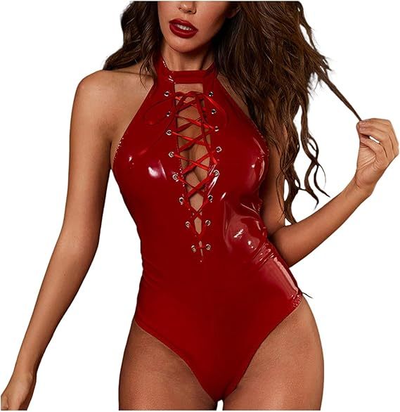 Sexy Lingerie for Women Stripper Outfits for Sex Naughty Role Play Hollow Out Faux Leather Bodysuit Babydoll Clubwear