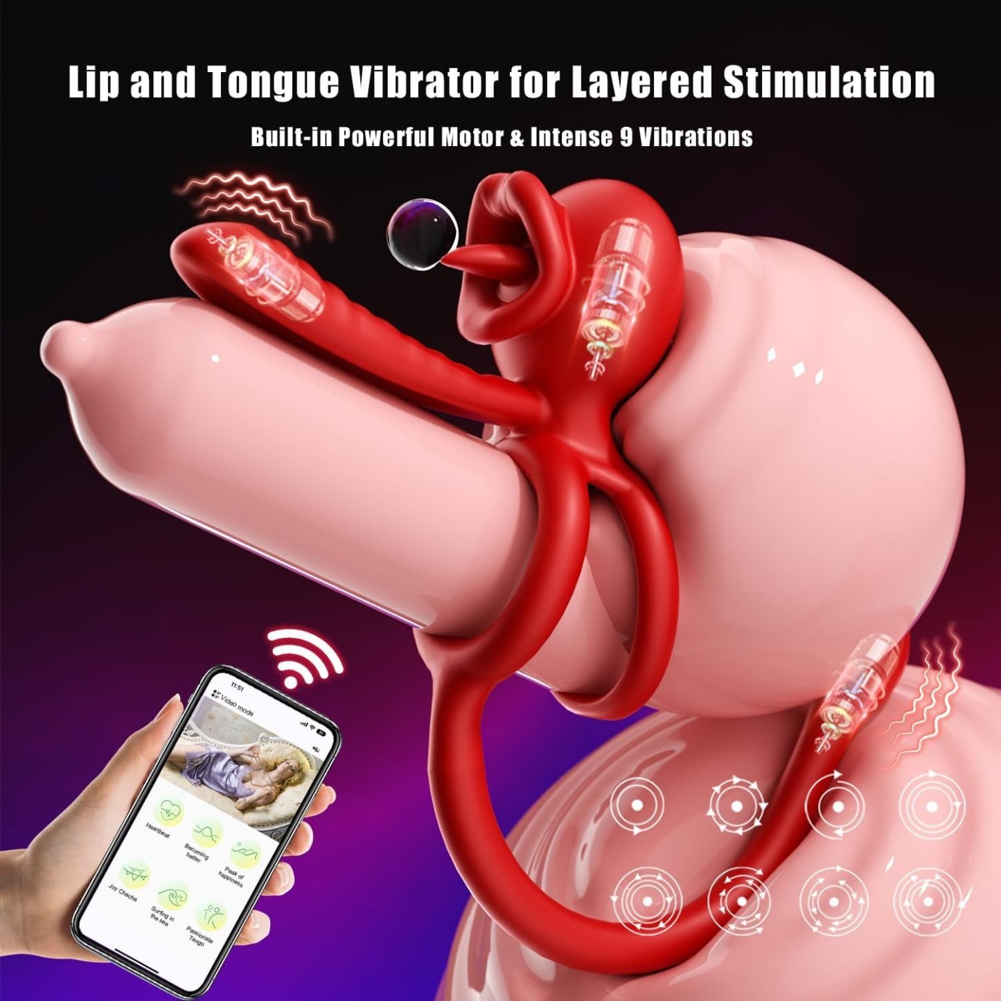 Vibrating Ring Couple Sex Toy, 3 in 1 Dual Ring Vibrator 9 Modes for Clitoris Stimulation with Tongue Licking, Erection Adult Sex Toys for Men Bluetooth APP Control