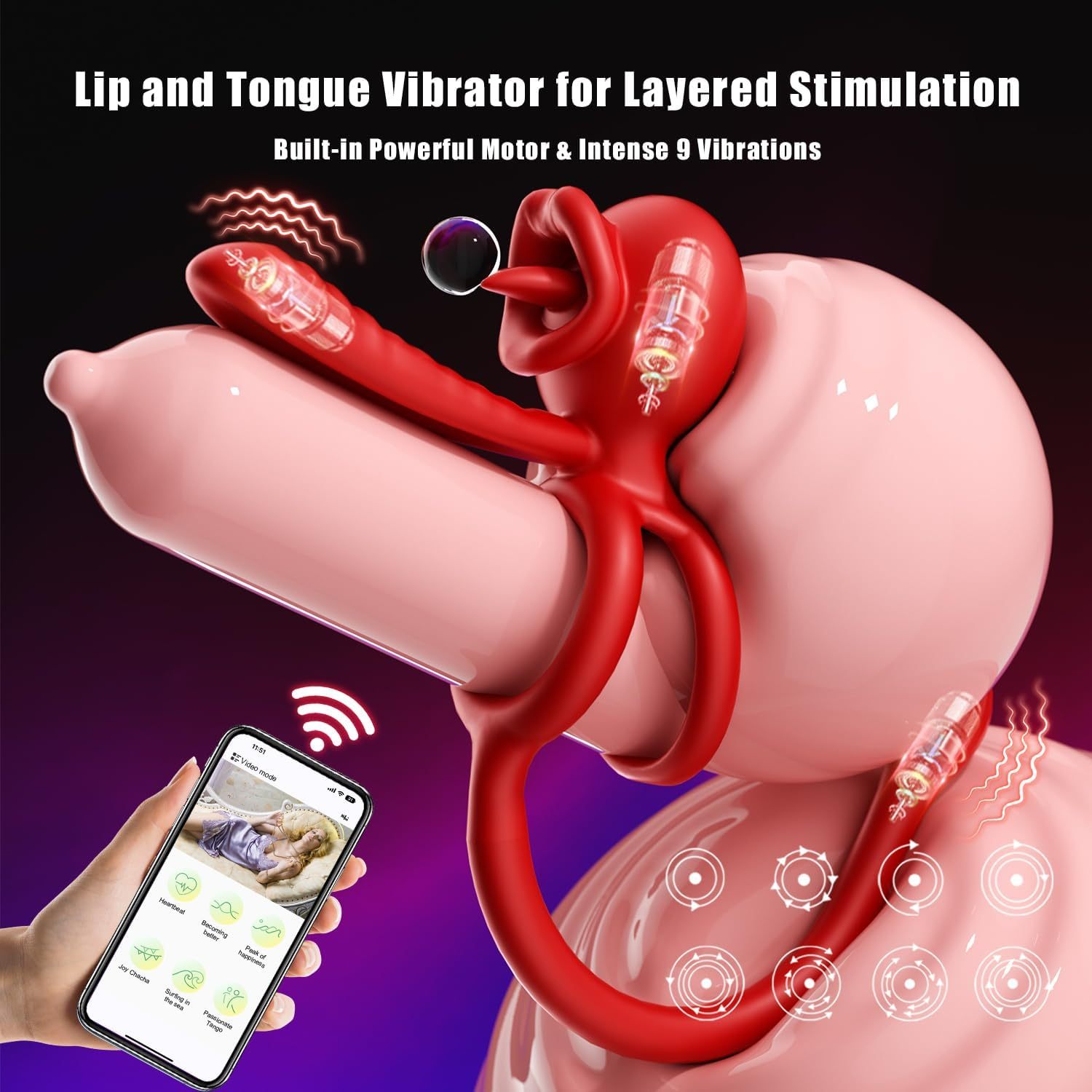 Vibrating Ring Couple Sex Toy, 3 in 1 Dual Ring Vibrator 9 Modes for Clitoris Stimulation with Tongue Licking, Erection Adult Sex Toys for Men Bluetooth APP Control