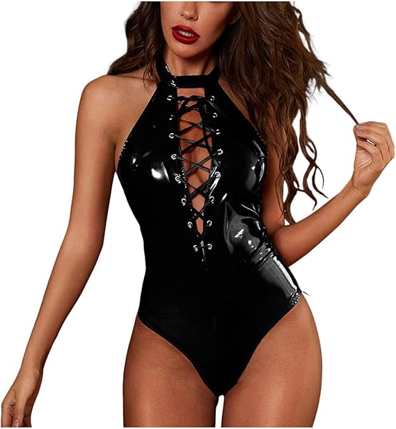 Sexy Lingerie for Women Stripper Outfits for Sex Naughty Role Play Hollow Out Faux Leather Bodysuit Babydoll Clubwear