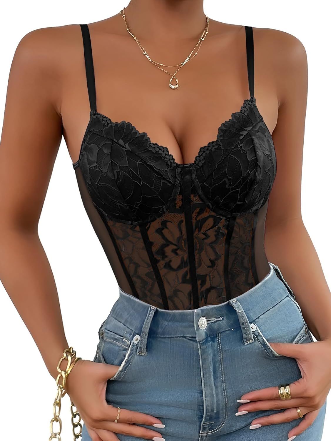 Lilosy Sexy Mesh Sheer Floral Lace Corset Lingerie Bodysuit Bustier Cami Top