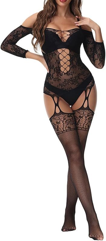 Buitifo Womens Fishnet Bodystocking Plus Size Crotchless Bodysuit Sexy Tights Soft Nightwear Lingerie