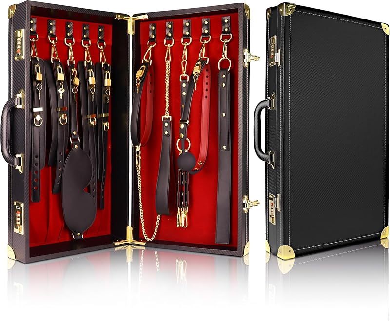Lockable Sex Bondage BDSM Kits,7 Pcs Leather Adjustable Restraints Set with Handcuffs Ankle Cuffs Blindfold Cross Strap Paddle Collar and Leash Ball Gag,Adult Sex Toys for Couple Beginner SM Game Play